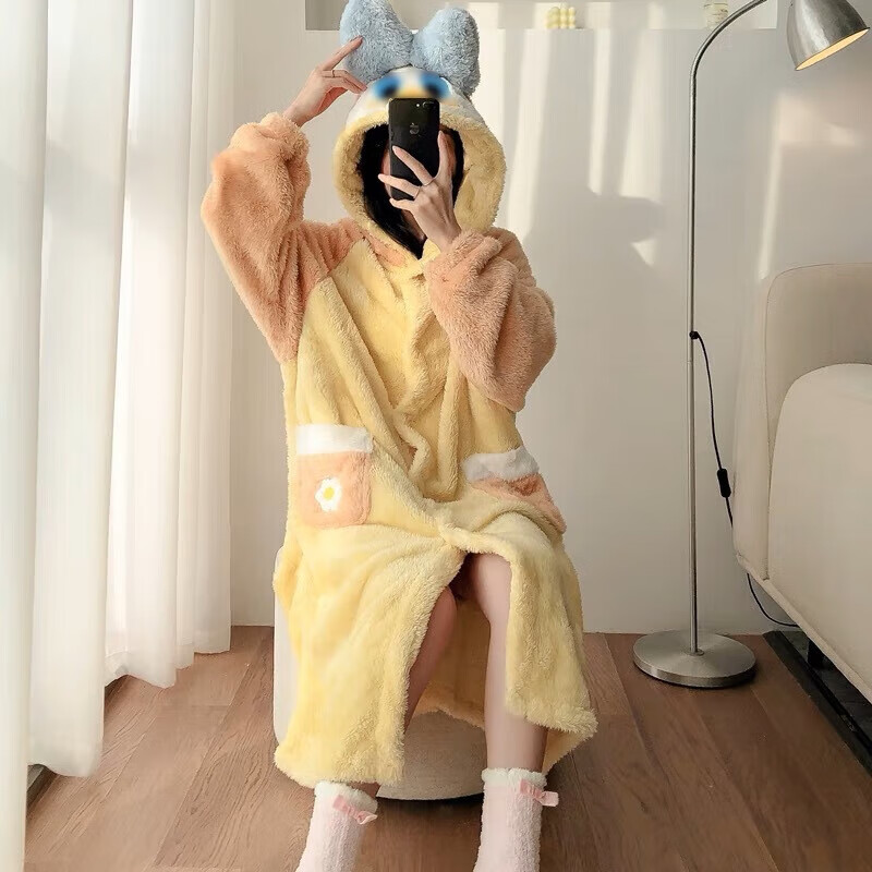 有只绵睡衣女冬加绒加厚长款法兰绒睡袍女士浴袍甜美加绒卡通珊瑚绒 粉鸭睡袍 均码 (适合80~160斤)