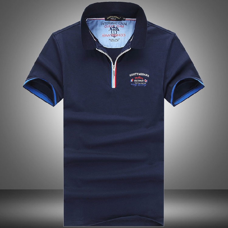 塔曼洛品牌意大利鲨鱼男装服饰短袖t恤蓝色夏季欧美纯商务休闲翻领