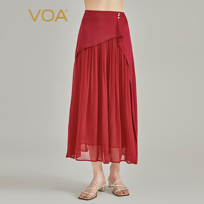 VOA真丝重磅40姆米双面缎杨梅红珍珠装饰不对称活页设计半身裙 CE210 浮红流丹（H7） 155/S