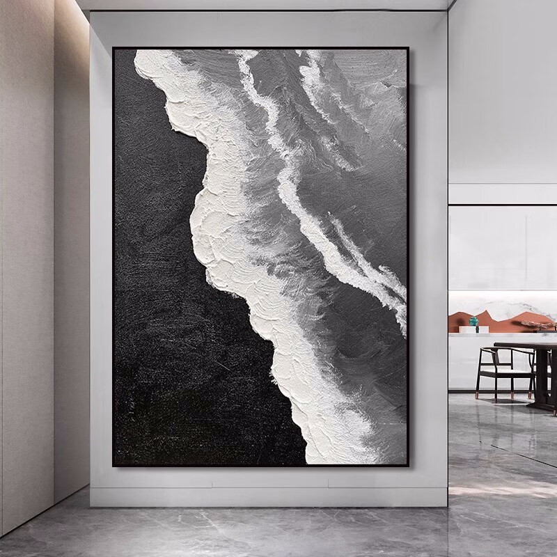 手绘油画黑白浪潮落地装饰画玄关挂画客厅背景墙立体肌理抽象刀画 a款