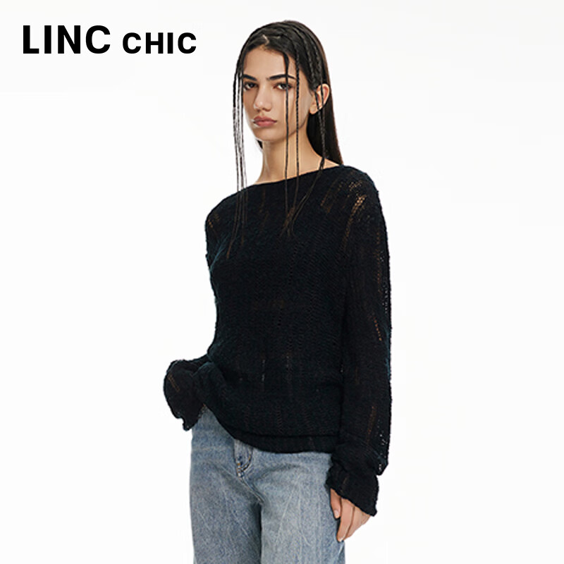 金羽杰薄透镂空长袖针织衫女短款春秋季新品圆领打底小衫上衣S241SW320Y 莱赛尔黑 M 适合110斤以下