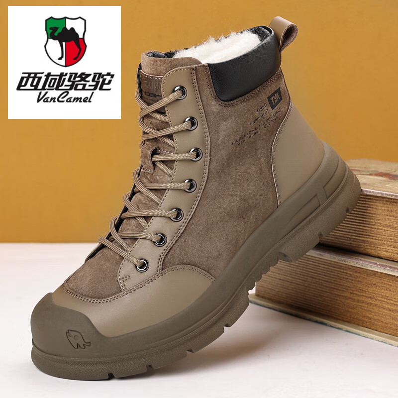 西域駱駝（VANCAMEL）男士棉鞋冬季加絨男鞋羊毛高幫棉皮鞋真皮馬丁靴男中幫保暖雪地靴 卡其色 系帶/側(cè)面拉鏈 43 【標(biāo)準(zhǔn)皮鞋碼】