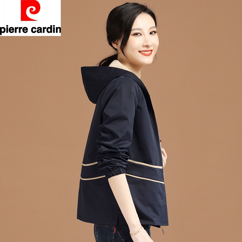 皮尔卡丹品牌女装撞色连帽棒球服女春秋2024早春新款宽松百搭感短外套