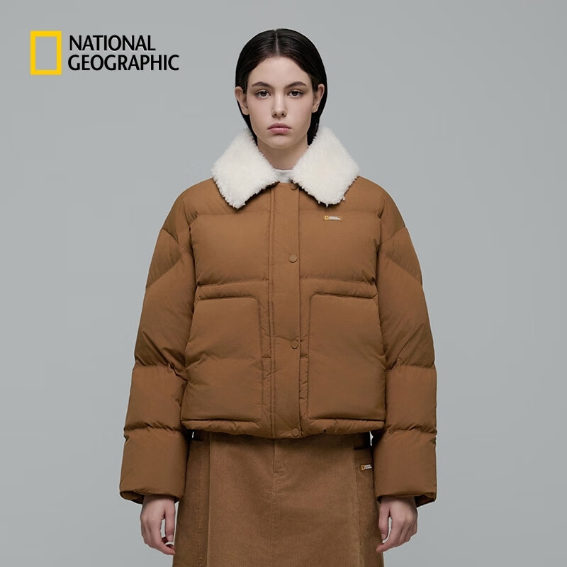 国家地理（National Geographic）年冬季新款女士短款鸭绒可拆卸翻毛领羽绒服外套 桦木棕色DARK EARTH 155/76A/XS
