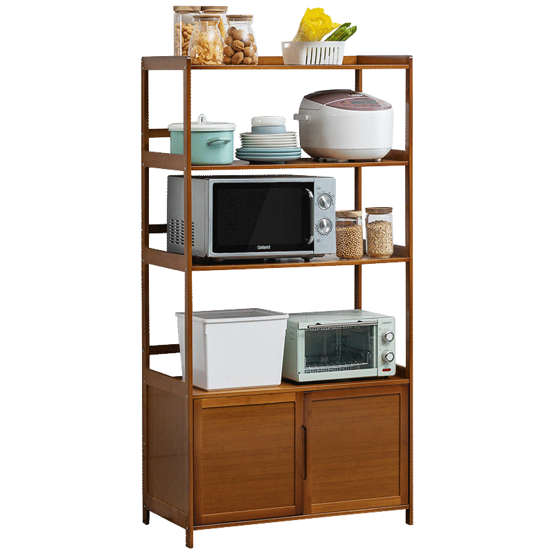 木马人落地简易厨房置物架多层微波炉架子带门带抽屉餐厅楠竹用品家用不锈钢烤箱架室内收纳架层架货架餐边柜 【加深宽度38cm】经典款-四层80长(带门设计)