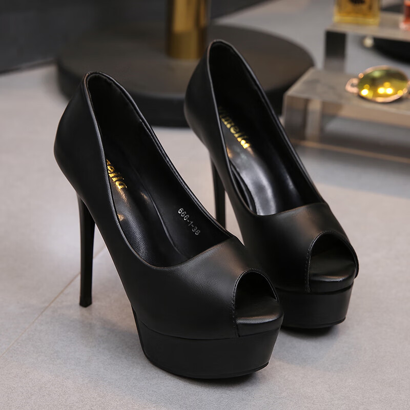 夜场超高跟12cm细跟鱼嘴单鞋百塔浅口宴会防水台高跟鞋女鞋子 黑色 34