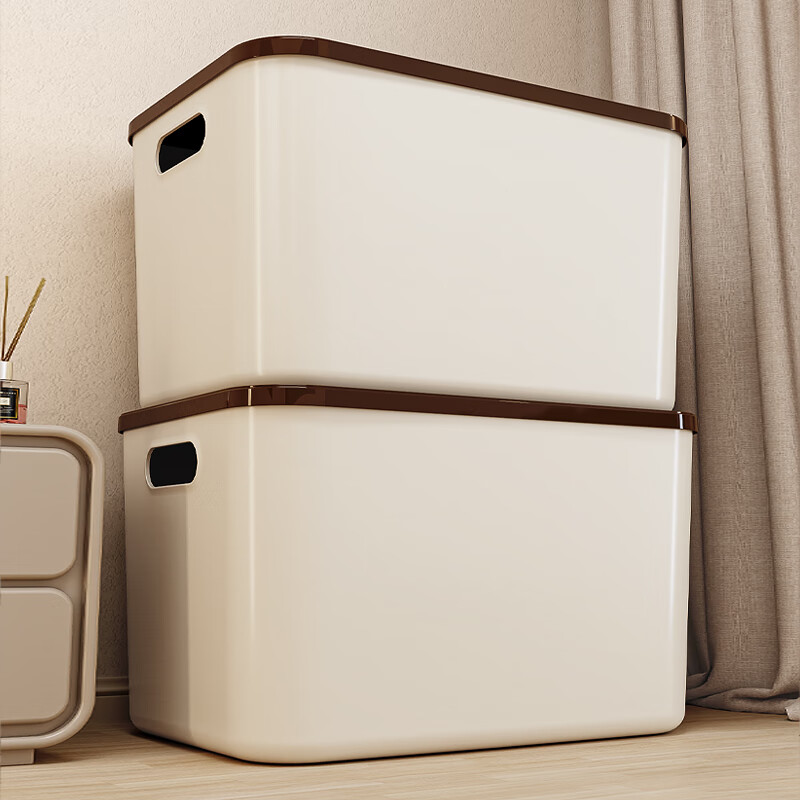 稻草熊桌面收纳盒家用杂物零食化妆品整理收纳箱长方形带盖储物箱收纳篮 奶咖极简收纳盒【35*25*20.5cm】 3个装