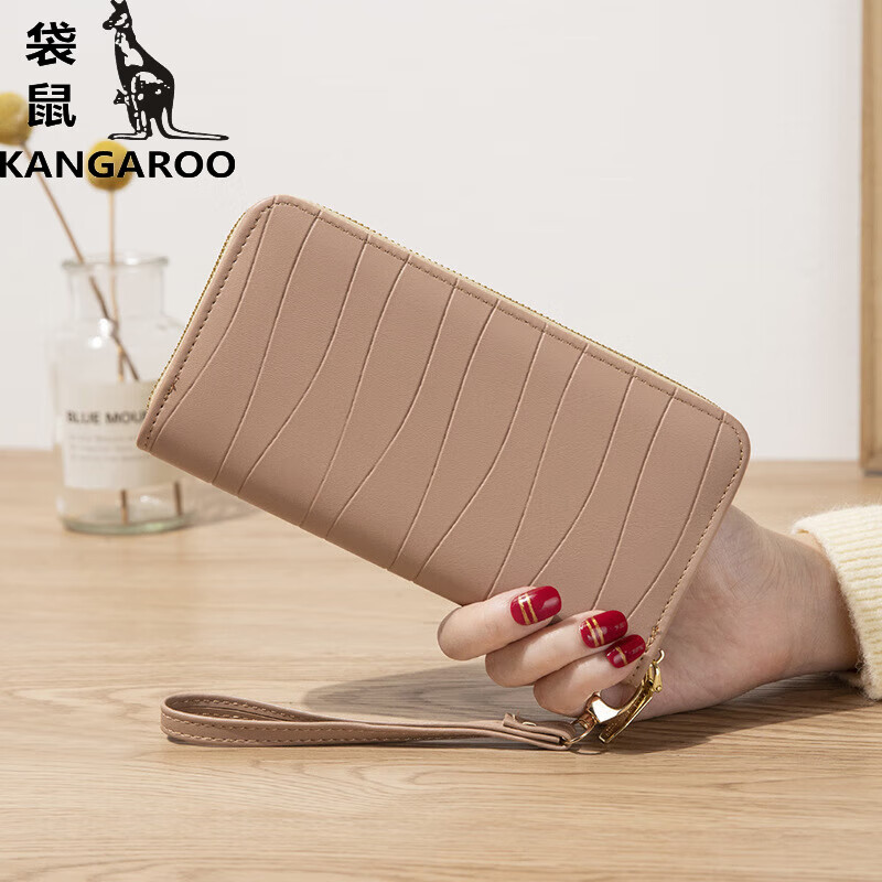 袋鼠新款钱包长款女士拉链钱夹女学生韩版拼接撞色流苏百搭手拿手机包