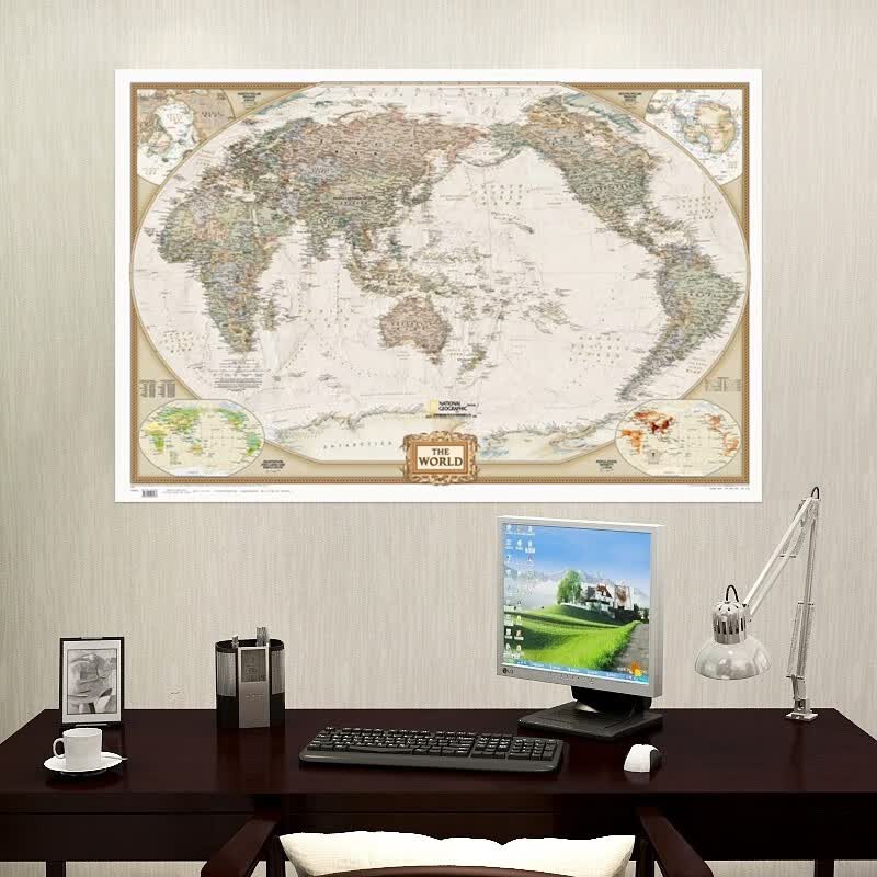 【北斗官方】世界地图墙贴 仿古复古美国国家地理版 幅面117x78cm 政区地形中外对照 书房办公室