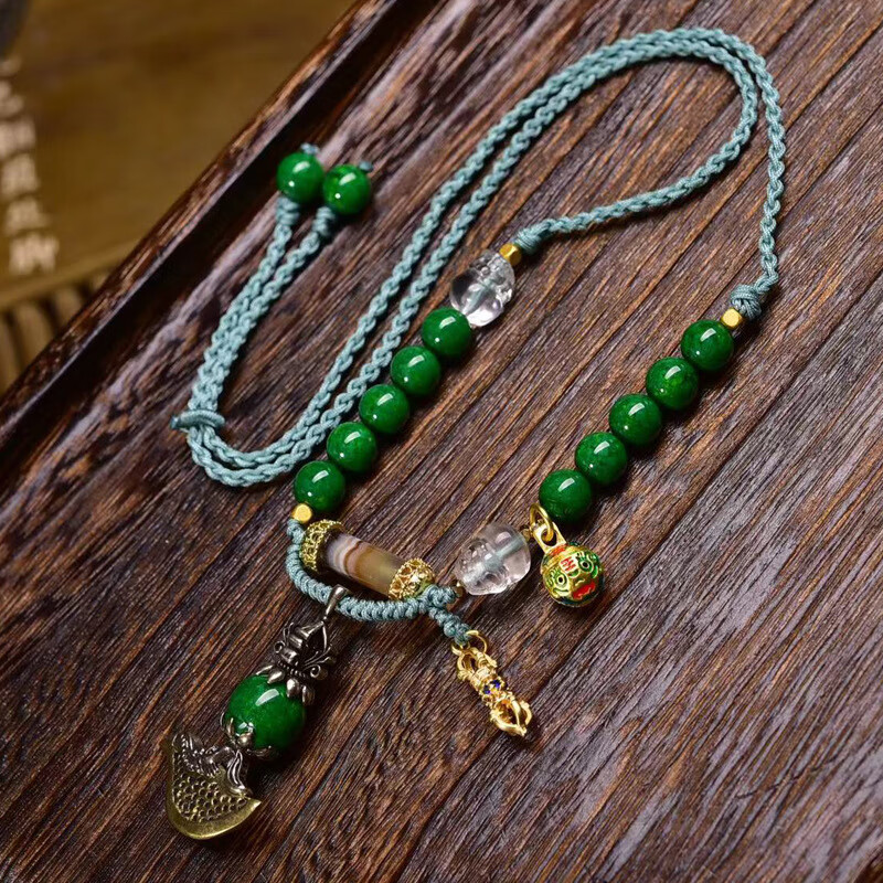 纯手工编织绳项链满脑镶嵌绿珠子吊坠白水晶缠丝玛瑙配饰文玩饰品