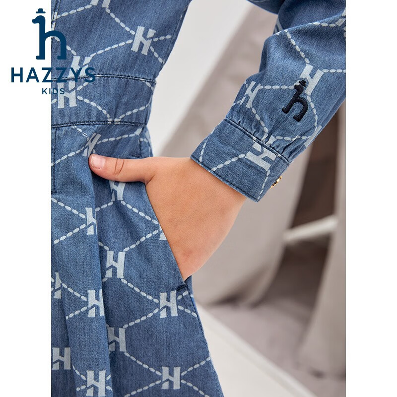 哈吉斯（HAZZYS）品牌童装女童连衣裙秋新品柔软舒适翻领简约甜美牛仔长袖裙 蓝牛仔 165