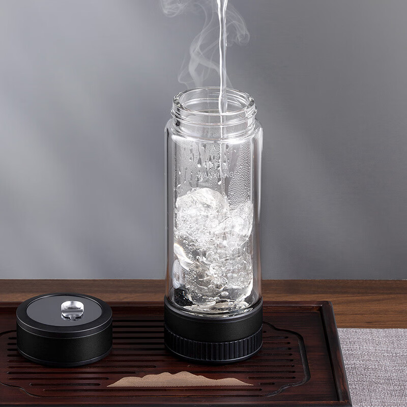 万象(WANXIANG)双层茶水分离玻璃杯V258L枪黑色310ML商务办公礼盒装机械开关水杯