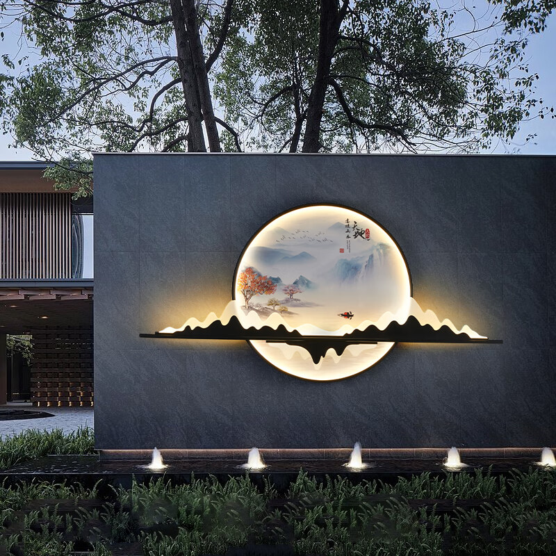 农家小院新中式背景墙太阳能户外壁灯别墅小区花园背景墙装饰壁画氛围