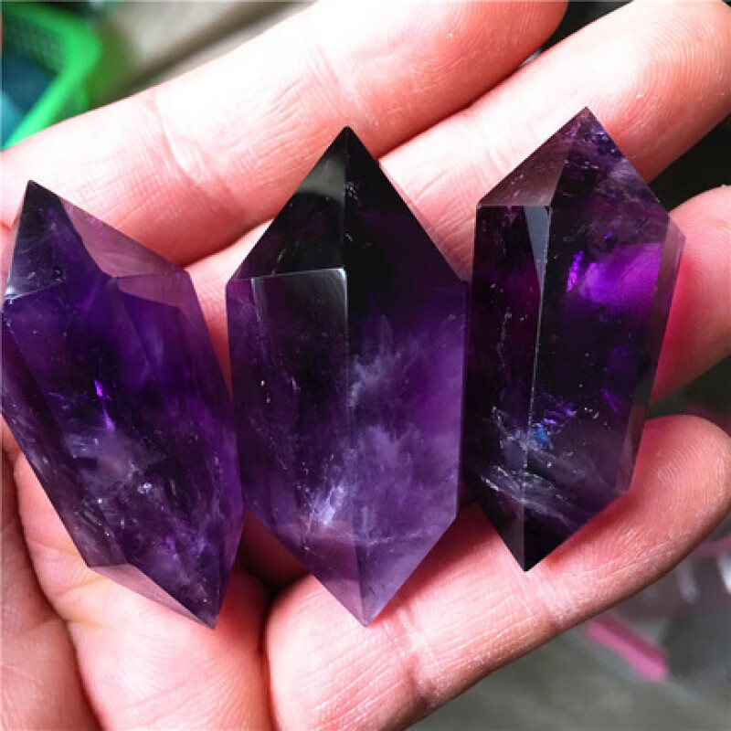 唯誠天然乌拉圭紫水晶双尖柱子紫水晶六棱柱摆件原石可打孔紫色吊坠 深紫5-6厘米左右