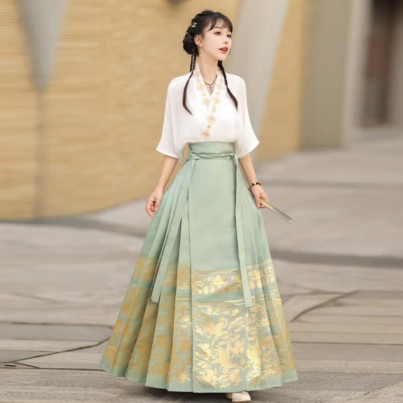 卡辑新款马面裙女套装织金新中式红黑色日常通勤改良汉服国风夏季薄款 青色马面裙+白色上衣 S使用感如何?