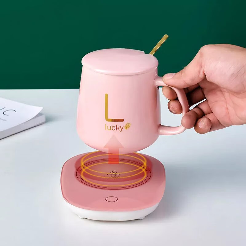 杯55°C度陶瓷马克杯带盖勺保温水杯家用办公暖暖杯牛奶咖啡杯 白色杯+垫+礼盒