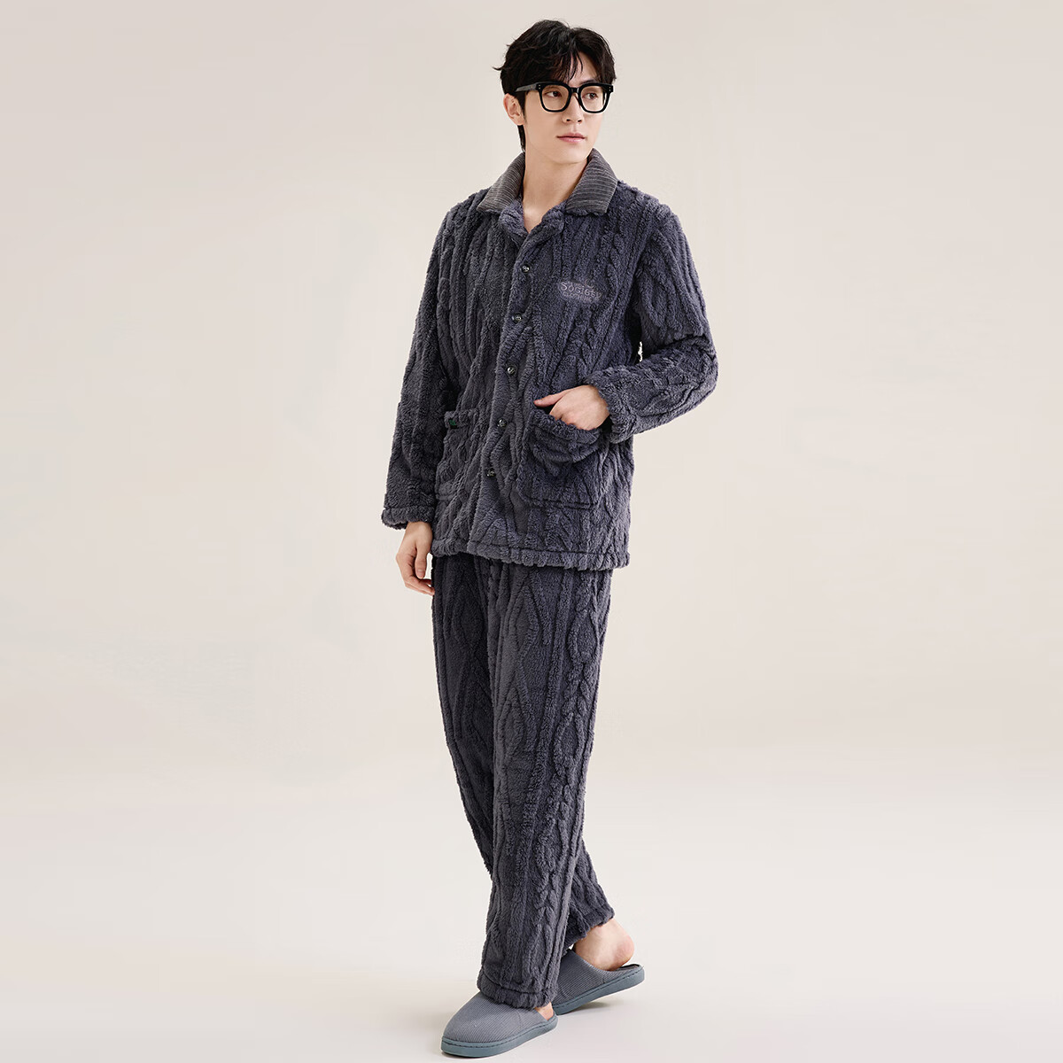 玛伦萨（manza）保暖睡衣男士冬季新款翻领纹理感加绒加厚珊瑚绒家居服套装 高贵灰 L