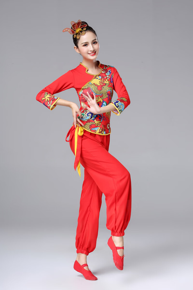 广场舞套装新款成人红色喜庆秧歌舞蹈服民族腰鼓舞演出服龙纹服装