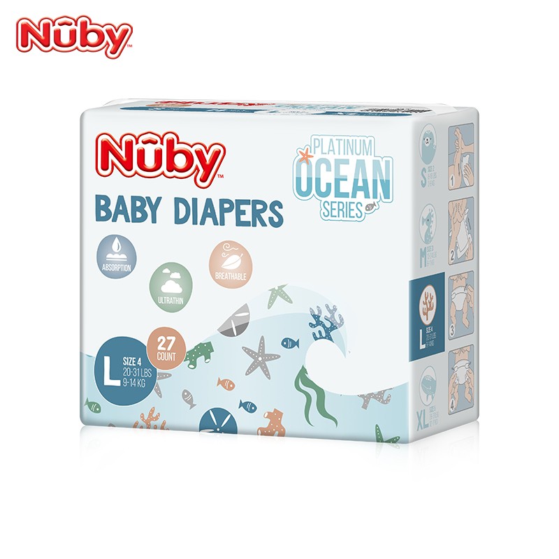 nuby（努比）海洋系列纸尿裤 轻薄透气干爽绵柔贴肤尿不湿 新生儿尿裤宝宝纸尿片 敏感肌适用 L码27片【9-14KG】