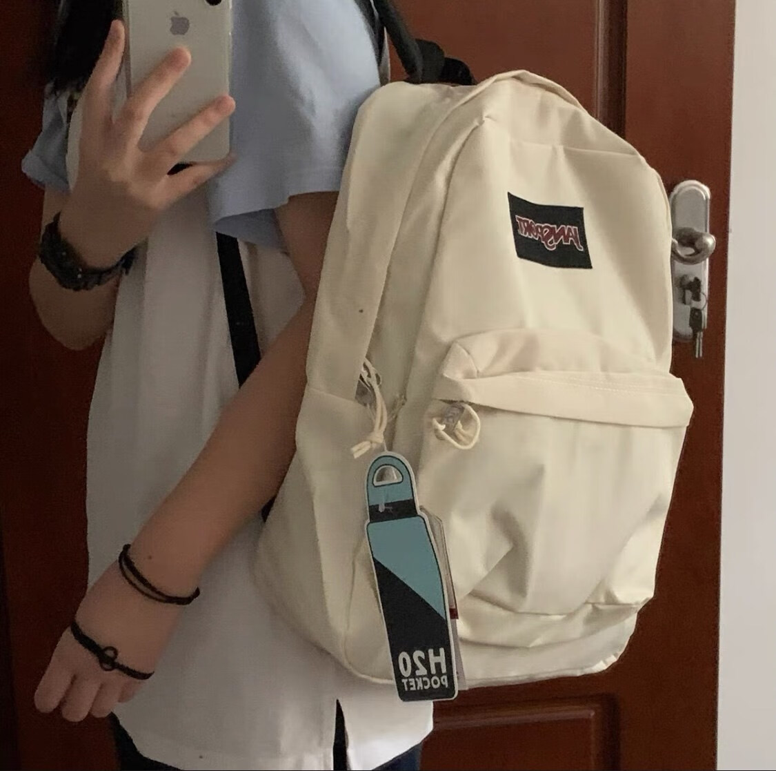 JANSPORT杰斯伯双肩包书包男女初高中大学生背包豹纹学院 杏白