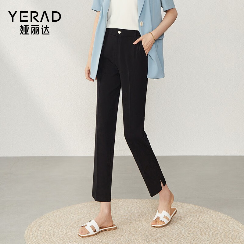 娅丽达(yerad)垂感直筒裤女新款裤子防晒裤西裤小个子女裤黑色开叉