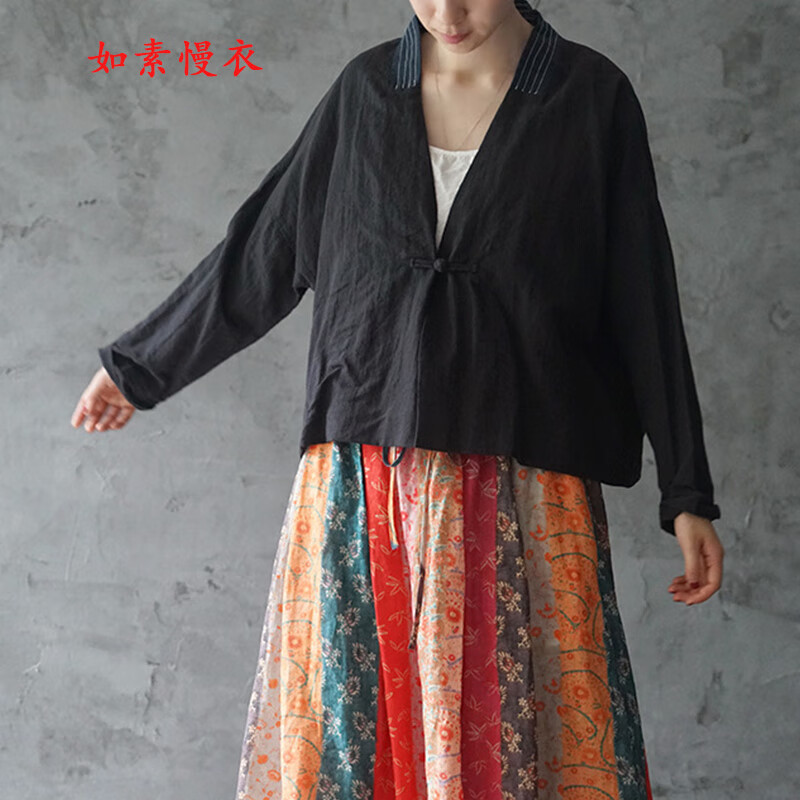 如素慢衣秋冬新款文艺复古宽松休闲亚麻撞色绣线开衫短外套18308 黑色
