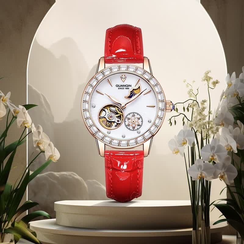 冠琴（GUANQIN）手表女全自动机械表明星同款镂空飞轮女士手表国表礼物送女友老婆 红皮玫金白面（女神气质）