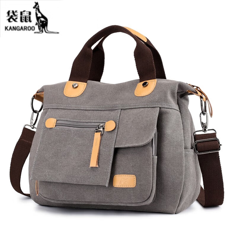 袋鼠(kangaroo)韩版帆布包女单肩斜挎包百搭多口袋手提包学院风女休闲