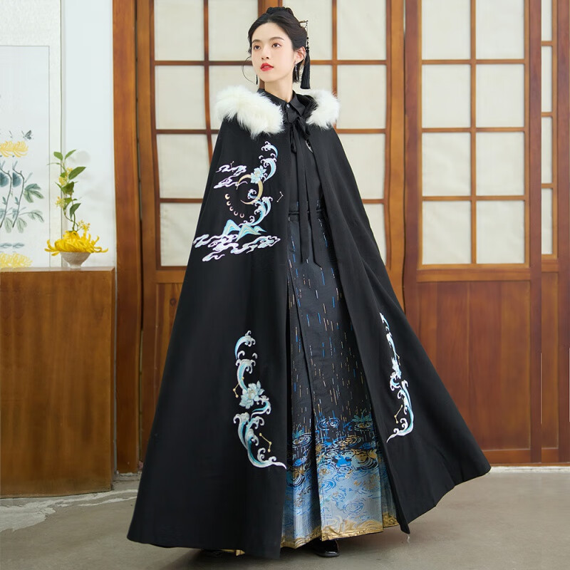 i女士复古斗篷汉服女古风加绒加厚大毛领长款连帽外套中国风冬季披