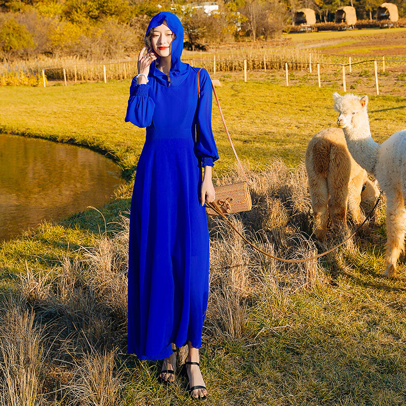 草原拍照连衣裙长裙女2024新款子装夏季新疆青海湖沙漠旅游度 蓝色 s