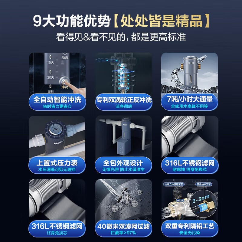 海尔（Haier）前置过滤器7T大通量家用智能净水器40微米自动双涡轮反冲洗精滤实时水压监测全屋净水机HP-45