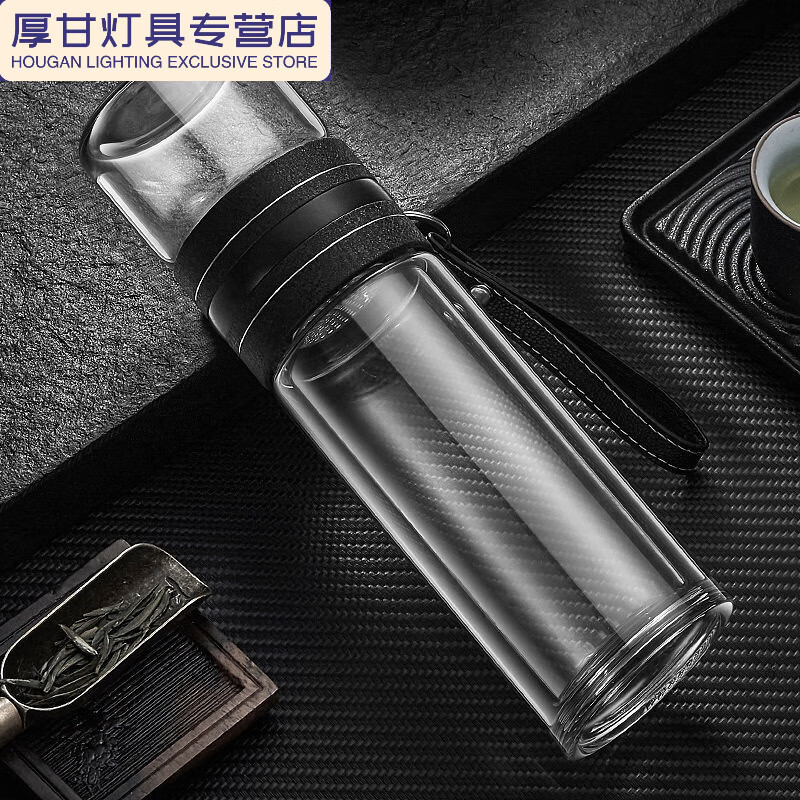双层玻璃杯水杯女便携可爱茶水分离泡茶杯杯子学生男水杯 -黑色加厚款 500ml 0只 茶水分离杯+过滤网
