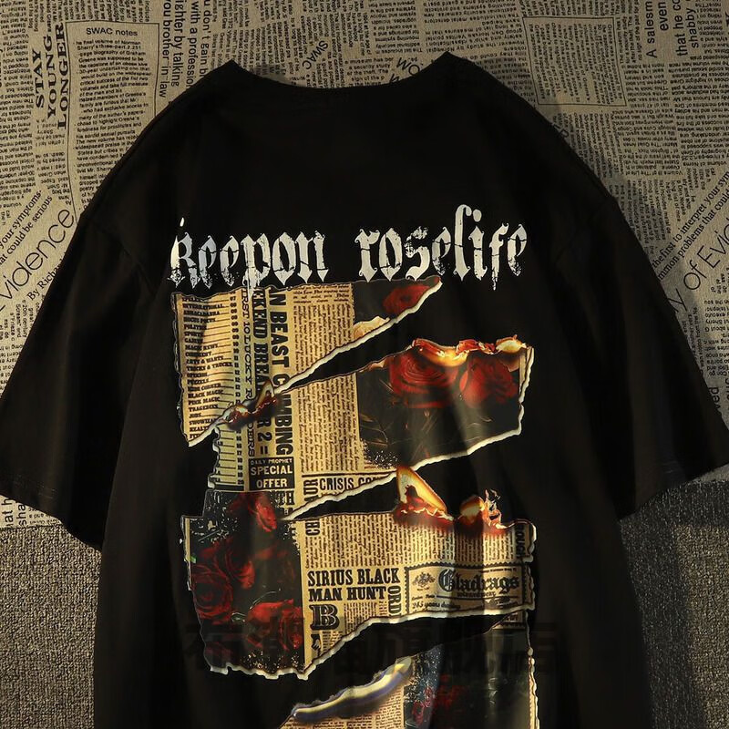 花淯打怪juvenile短袖棉美式复古玫瑰花报纸t恤男宽松欧美风半袖上衣