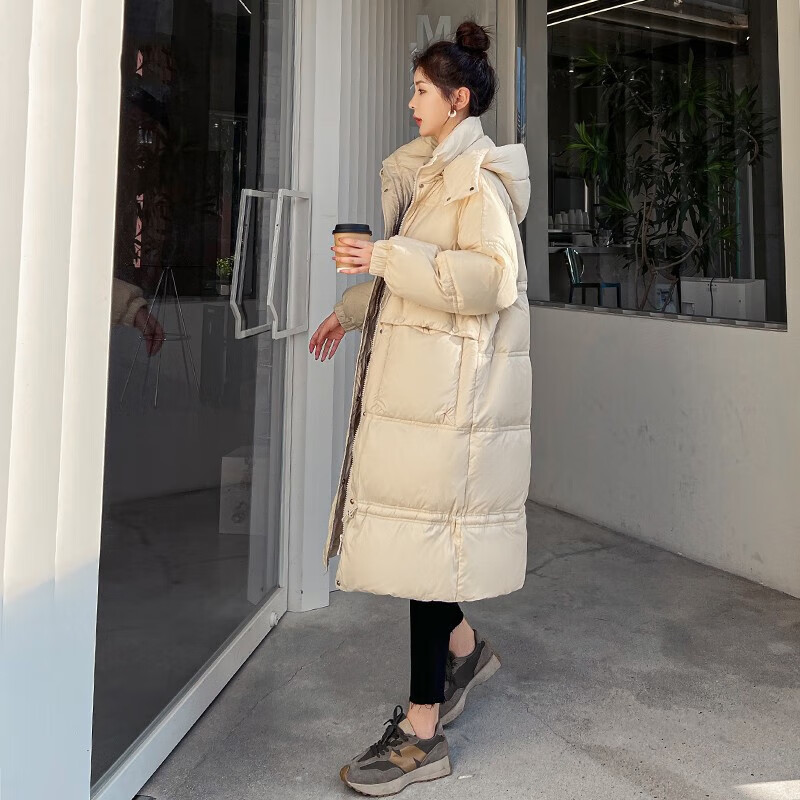 鸭鸭连帽保暖羽绒服女中长款过膝2025年冬季新品时尚韩版收腰显瘦外套 白色 S【125斤以内】