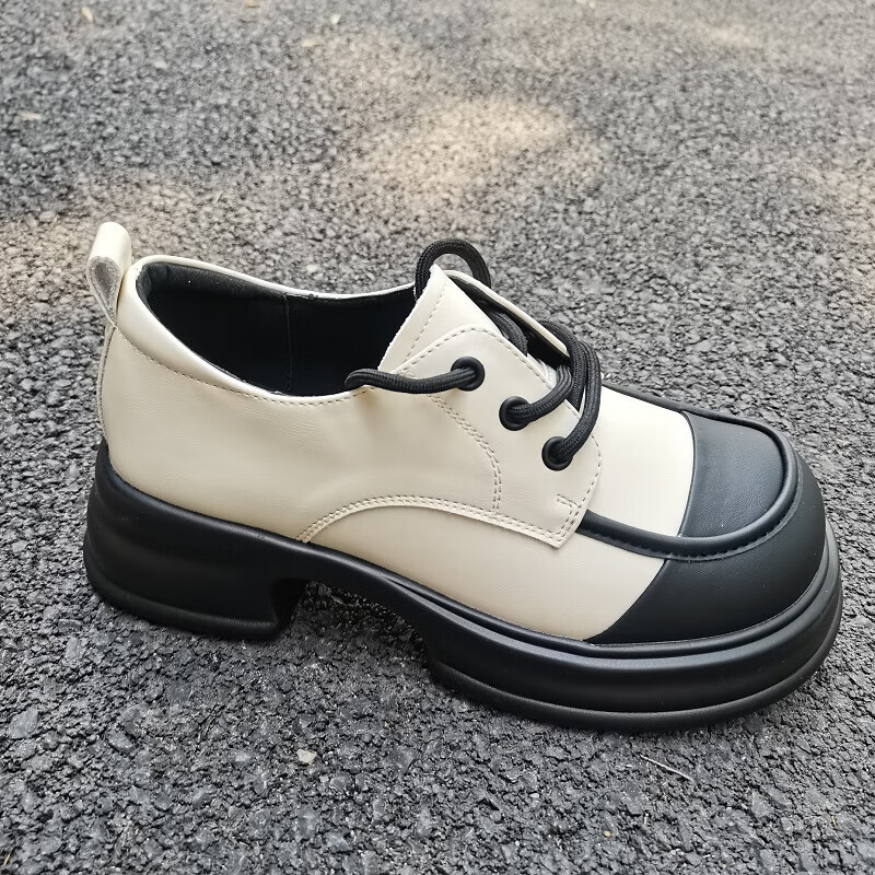 流彗轩美诗女鞋3324-2715拼色小皮鞋2023新款秋小众真皮增高丑萌复古