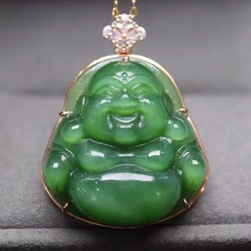 发源地 和田玉碧玉俄料猫眼佛公吊坠 18k金镶嵌男女玉坠项链挂件玉牌