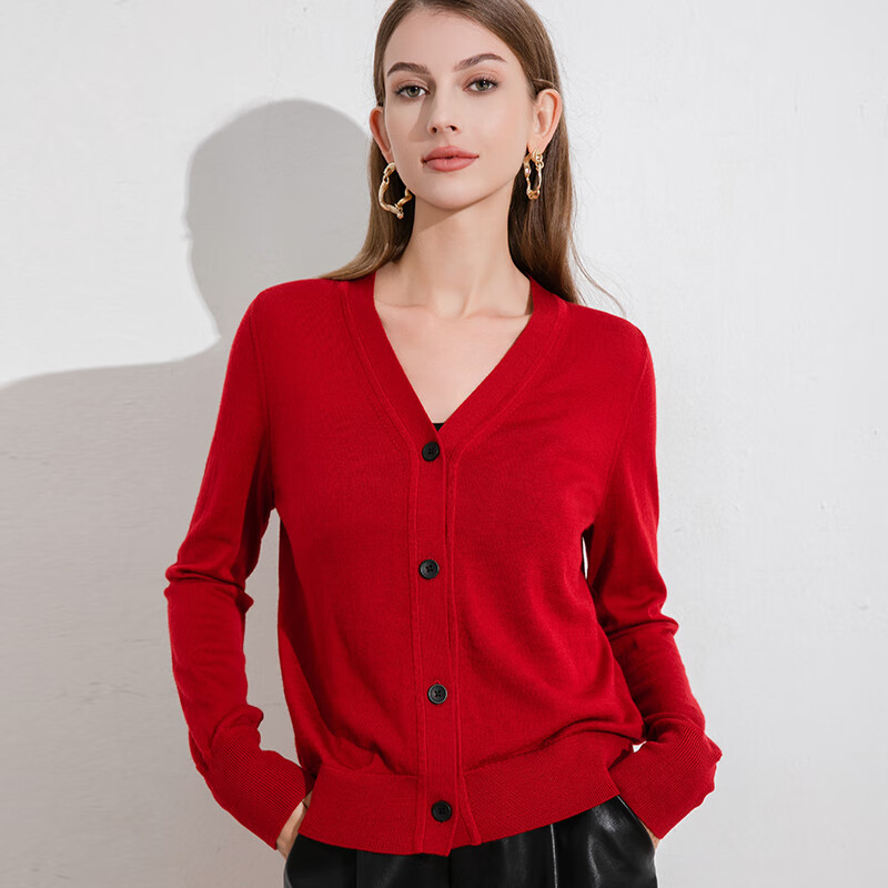 德凯佳新款v领春夏针织衫外搭开衫纽扣纯色长袖外套上衣羊毛衫 米白 S