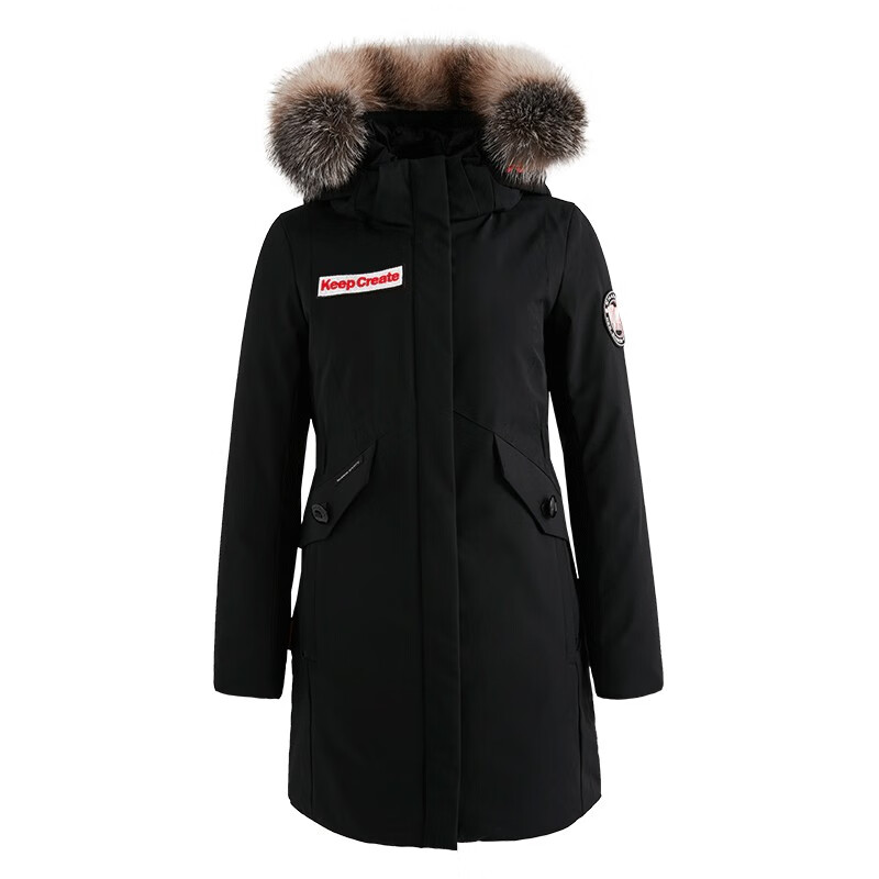 雪伦鹅绒羽绒服女款中长款毛领可拆卸派克服秋冬外套女 20525 摩登黑