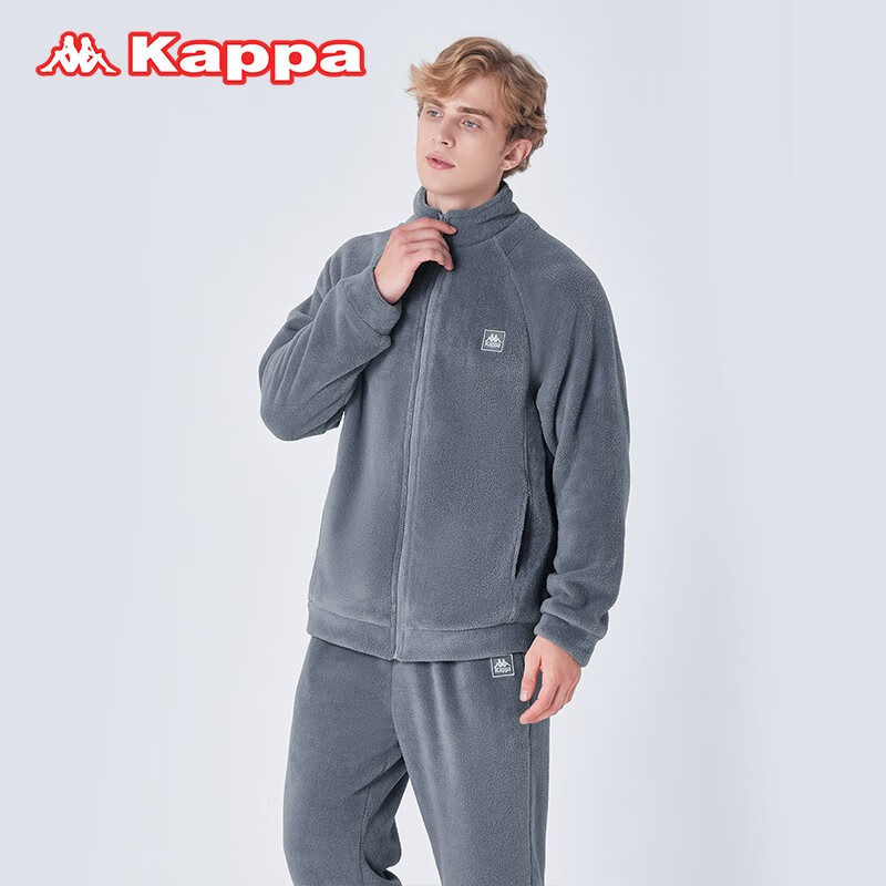 KAPPA卡帕冬季男士睡衣羽丝绒保暖【上衣】立领开衫拉链可外穿加绒家居 灰蓝 L 建议(120-140斤)