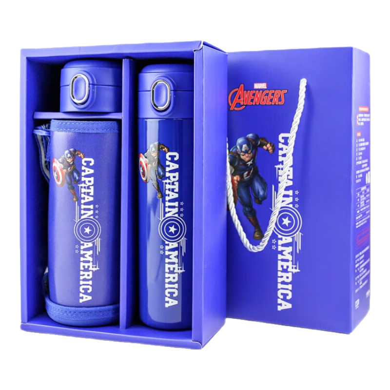 迪士尼礼盒装儿童保温杯316不锈钢吸管直饮双盖学生喝水杯子500ML美队