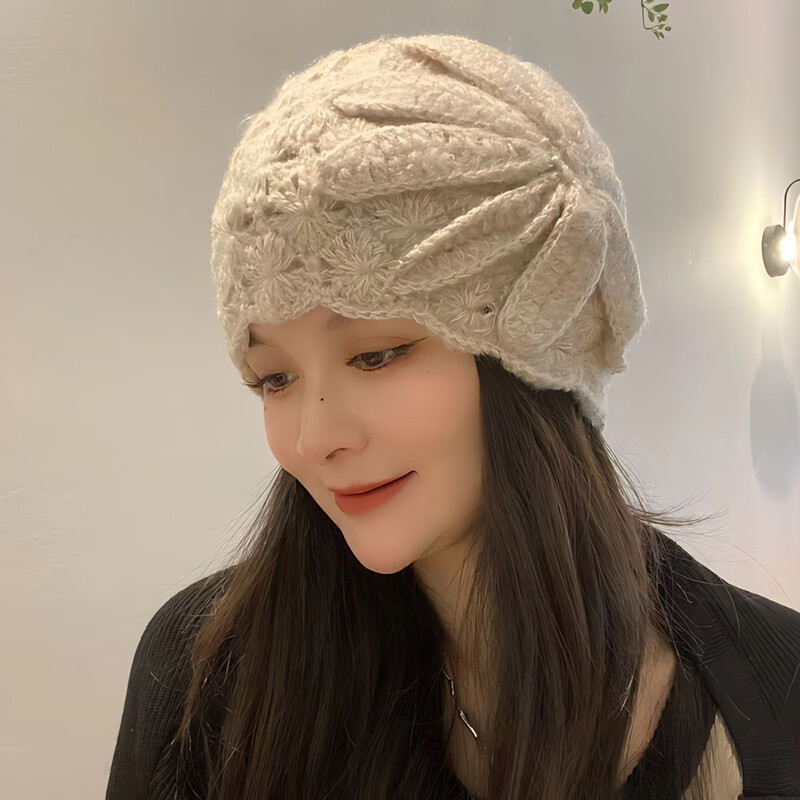 歌珀尼回族女式包头帽手工钩花包头帽遮白发毛线帽秋冬防寒保暖帽子女