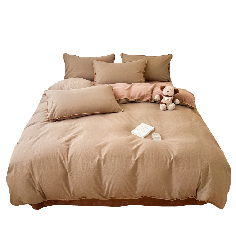 无印良品纯棉色织贝壳边牛奶绒四件套珊瑚绒套件加厚加绒 全棉床单被套200*230cm