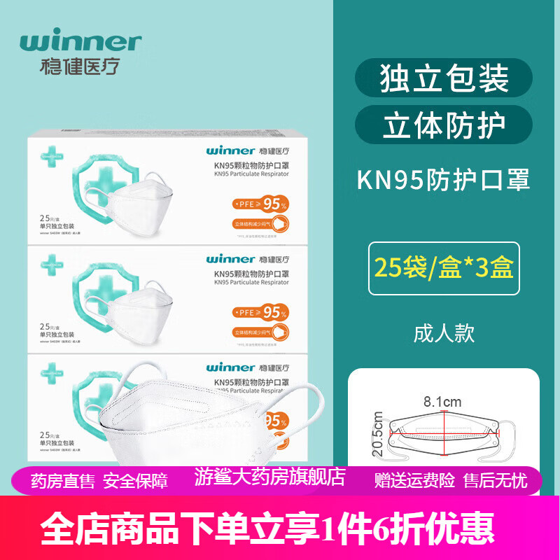 儿童成人防护防尘一次性立体口罩 【成人尺寸】kn95独立装25只/盒*3盒