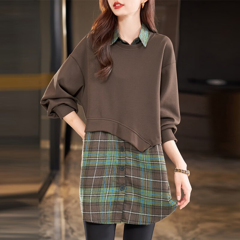 莎妮朵罗大码女装上衣胖mm春装韩版中长款遮肚宽松假两件棉卫衣女T恤19888 咖色 2XL 建议120-140斤穿着