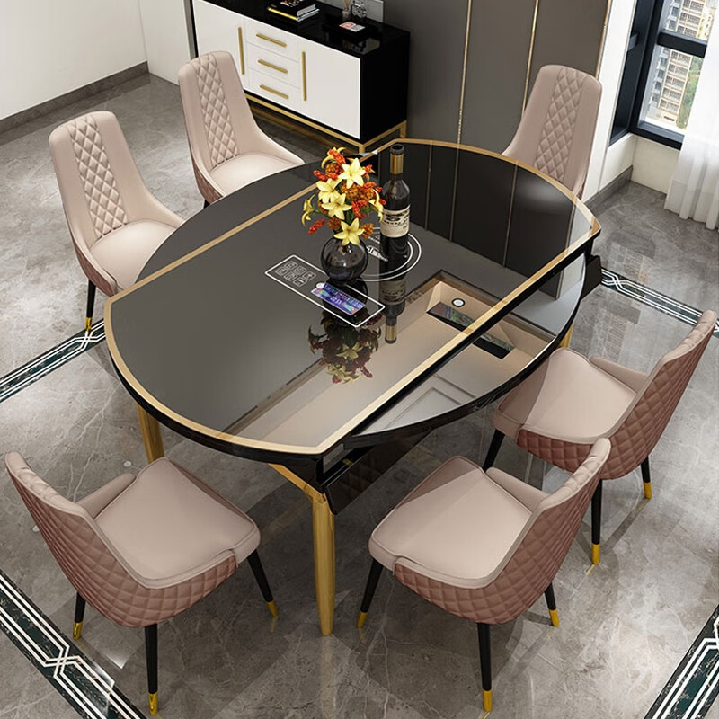 孰淳钢化玻璃餐桌现代简约轻奢钢化玻璃伸缩折叠家用小户型电磁炉可变