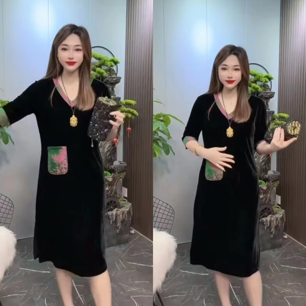 鹿藤金丝绒连衣裙年轻款连衣裙早秋新款遮肚显瘦高档复古金丝绒v 黑色