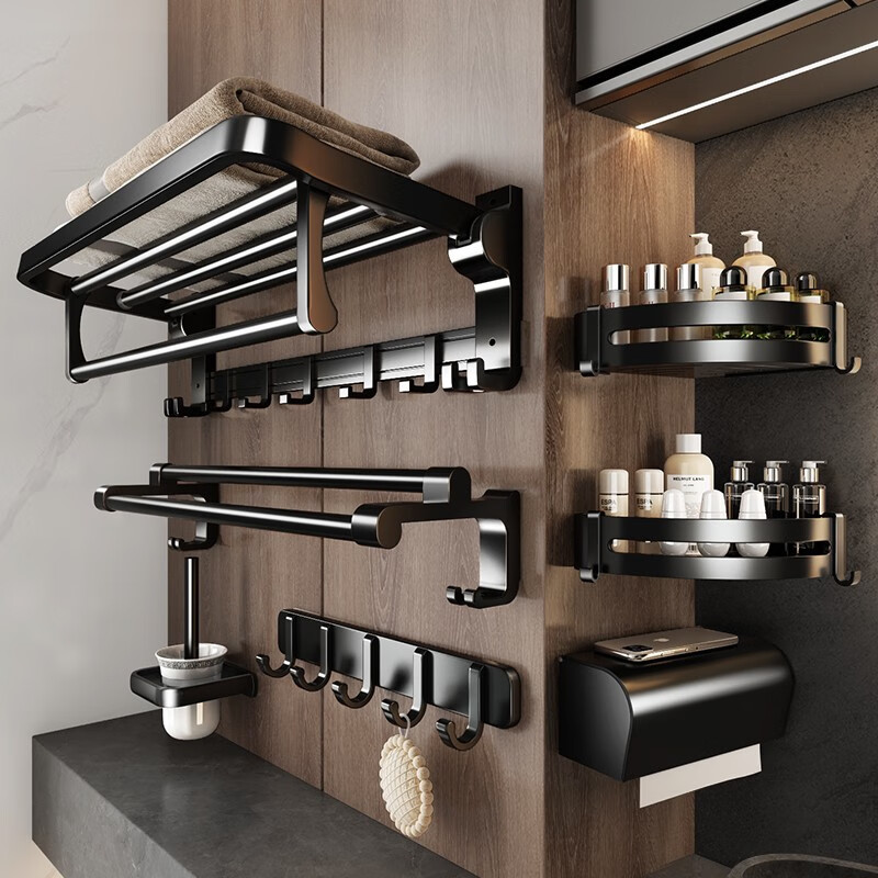 慕家（MOEGA）太空铝毛巾架免打孔卫生间置物架壁挂式浴室浴巾厕所五金挂件套装 榜单推荐【雅致醇黑款】六件套