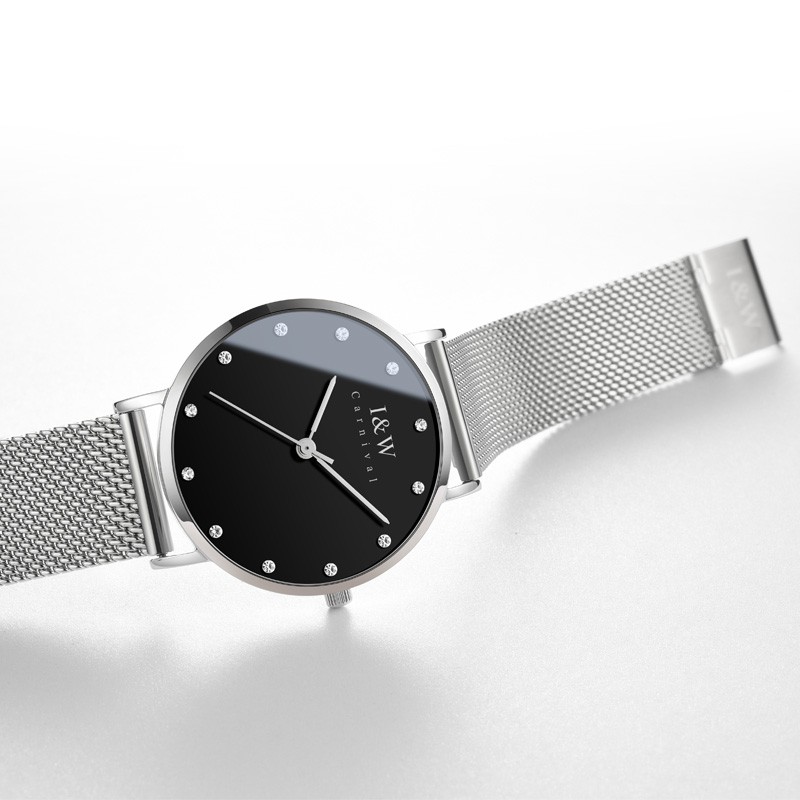 爱沃驰瑞士钻钉刻度纤薄时尚防水石英手表女士表七夕生日礼物送女友 银壳黑面|银网带