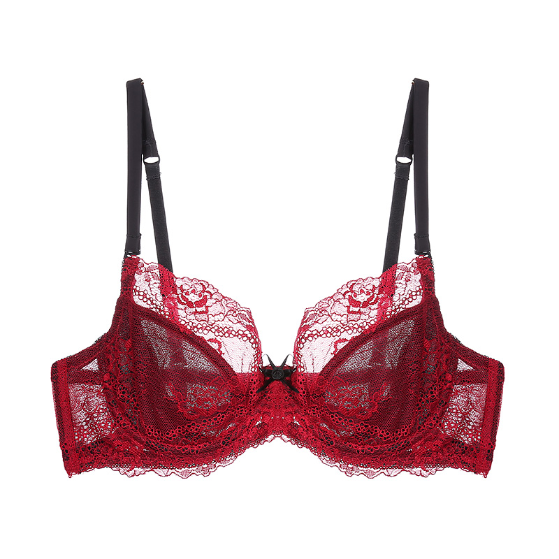 伊丝艾拉超薄内衣女薄款无海绵文胸透气蕾丝少女大码大胸显小胸罩 正