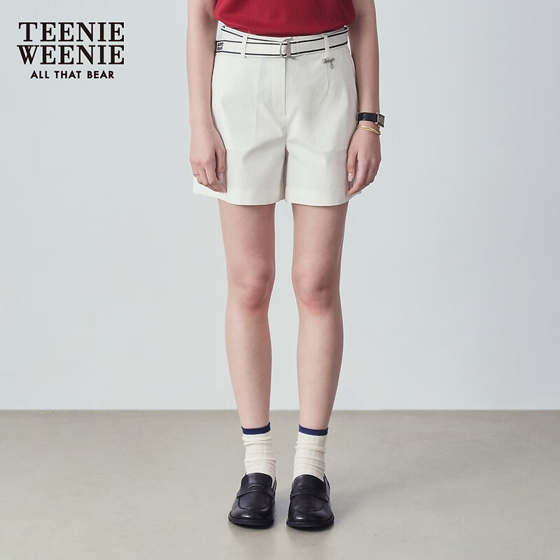 Teenie Weenie【贈送腰帶】小熊短褲女夏季簡約風高腰休閑短褲時尚女 白色 M (165)